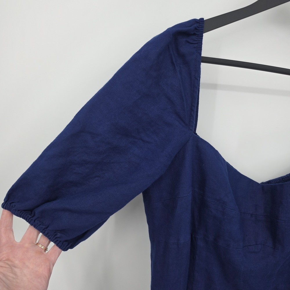REFORMATION Belgium Linen Midi Dress Navy Blue Side Slit Puff Sleeve Sz 12 - Picture 11 of 16